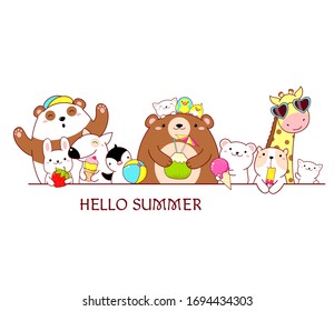 Hello summer. Horizontal border with cute animals in kawaii style. Panda, bear, bunny, dog, cat and birds with ice cream and strawberry. Vector illustration for design of t-shirt, poster, print, card