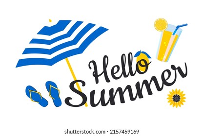 Hello summer. Horizontal cute poster with lemonade, flip flops, sun umbrella and sunflower in blue and yellow colors. Vector.