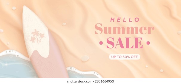 Hello summer horizontal sale background with realistic sand, sea and surfboard. Summer sale banner. Vector illustration