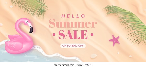 Hello summer horizontal sale background with realistic sand, sea and flamingo. Summer sale banner. Vector illustration