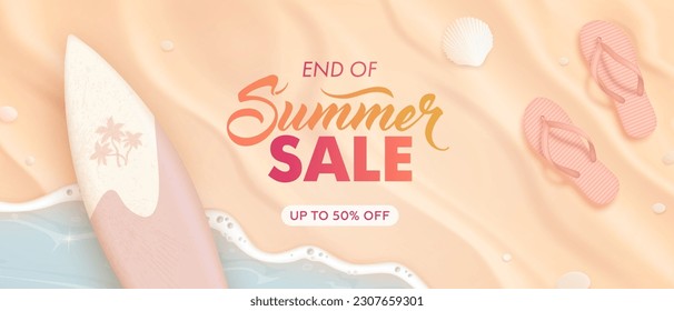 Hello summer horizontal sale background with realistic sand, sea and surfboard. Summer sale banner. Vector illustration