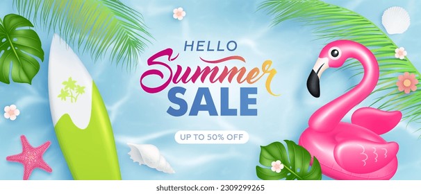 Hello summer horizontal sale background with realistic top view sea, surfboard, flamingo, palm leaves and flowers. Summer sale banner. Vector illustration