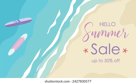 Hello summer horizontal sale background. Summer banner with sea, sand and surfboards. Summer sale banner. Vector illustration summer greeting.