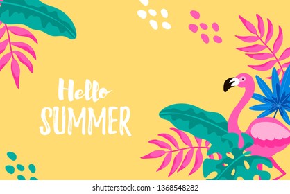 Hello Summer horizontal tropical background. Vector illustration with hand drawn elements