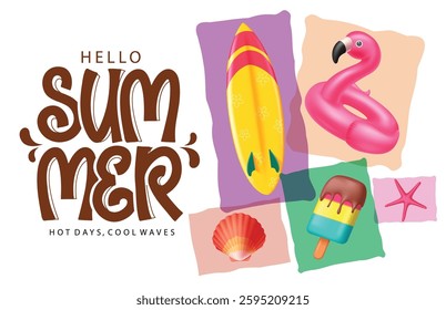 Hello summer hot days, cool waves vector text, Hello summer greeting text with summer vector elements, Vector illustration.