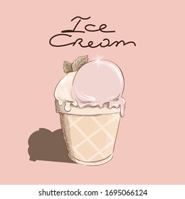 Hello summer, hot season, summer desserts , delicious ice cream. Color flat hand drawn vector illustration of vacation time for design t-shirts typography cards and posters. . Cartoon style.