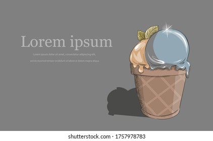 Hello summer, hot season, summer desserts , delicious ice cream. Color flat hand drawn vector illustration of vacation time for design, typography cards and posters. . Cartoon style. Copy space.