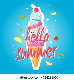 Hello summer ice cream cone, colorful background vector illustration