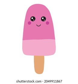 Hello Summer ice cream, ice lolly pink, Kawaii with pink cheeks and eyes, isolated on white background. Vector