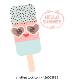 Hello Summer ice cream, ice lolly blue pink, Kawaii with sunglasses pink cheeks and winking eyes, pastel colors on white background. Vector