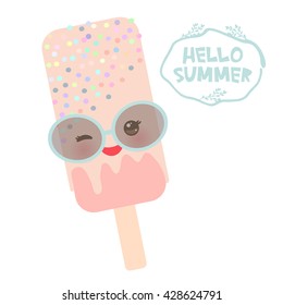 Hello Summer ice cream, ice lolly pink, Kawaii with sunglasses pink cheeks and winking eyes, pastel colors isolated on white background. Vector