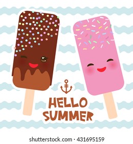 Hello Summer ice cream, ice lolly, Kawaii with pink cheeks and winking eyes, pastel colors card design, banner template on blue waves sea ocean background. Vector