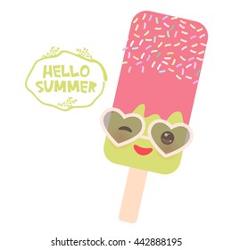 Hello Summer ice cream, ice lolly green pink, Kawaii with sunglasses pink cheeks and winking eyes, pastel colors on white background. Vector