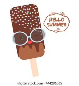 Hello Summer ice cream, ice lolly brown chocolate, Kawaii with sunglasses pink cheeks and winking eyes, pastel colors on white background. Vector