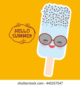 Hello Summer ice cream, ice lolly blue, Kawaii with sunglasses pink cheeks and winking eyes, pastel colors on oranje background. Vector