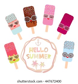 Hello Summer ice cream, ice lolly set, Kawaii with sunglasses pink cheeks and winking eyes, pastel colors on white background. Vector