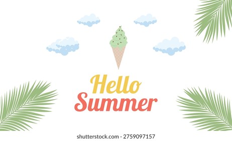Hello Summer Ice Cream Palm Leaves Greeting Card Design