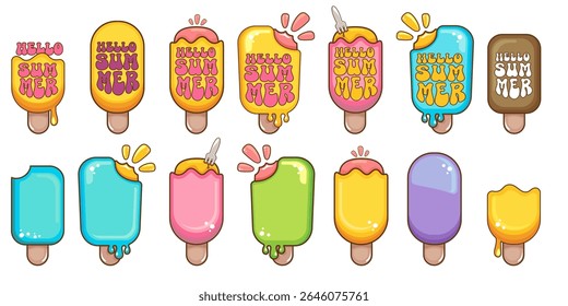 Hello Summer Ice Cream Popsicle Set Vector, Cute Cartoon Characters, Sweet Frozen Dessert Collection, Colorful Summer Treats, Graphic Elements, Sticker Design, Food Illustration, Digital Art, Kids Fun