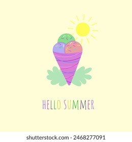 Hello summer. Ice cream and sun. Vector illustration