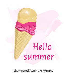 Hola verano. ilustración vectorial de helados de postre. Bolas de helado en gofre con crema batida en la parte superior para café, menú moderado, impresión, tela, publicidad. Postre de verano para el clima cálido