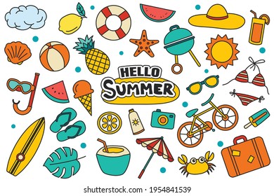 Hello summer icon collection set design on white background. Summer  symbols and objects colorful.