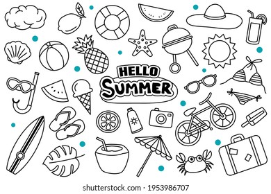 Hola doodle de verano sobre fondo blanco. Símbolos y objetos dibujados a mano de verano.