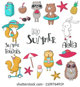 Hello summer icon set with animals, handwritten text and summer items. Vector hand drawn illustration isolated on white background.