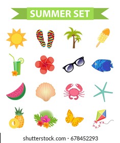 Hello summer icon set, flat, cartoon style. Beach, vacation collection of design elements. Isolated on white background. Vector illustration, clip-art