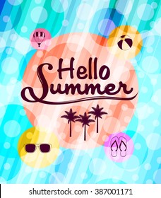Hello Summer with Summer Icons in a Beautiful Abstract Circle Patterned Background
