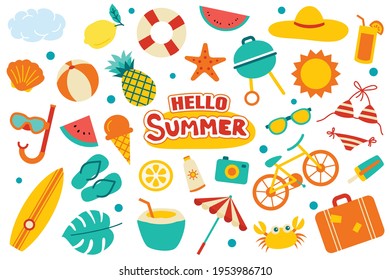 Hello summer icons collection set flat design on white background. Summer  symbols and objects colorful.