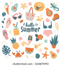 Hello Summer icons collection. Vector illustration of funny cartoon summer clothes, fruits, exotic animals and plants in trendy flat style. Isolated on white.