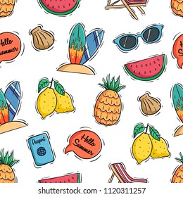 hello summer icons with colored doodle or hand drawn style