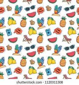hello summer icons with colored doodle or hand drawn style on white background