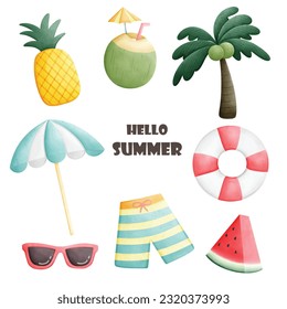 hello summer icons set cartoon drawing