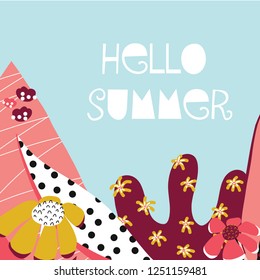 Hello Summer illustrated feminine vector banner collage style with text, colorful various flowers, elements on blue background for seasonal greeting card design. Abstract illustration for women, girl