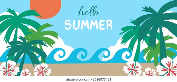 Hello summer, illustration, banner or postcard with palm trees, sea and sun. Vector.