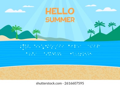 Hello summer. Summer illustration with beach, palm trees and mountains. Vector.