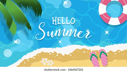 Hello summer illustration with beach scene - sparkling blue sea, palm leaves, flip flops and flowers. Vector illustration in flat style