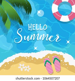 Hello summer illustration with beach scene - sparkling blue sea, palm leaves, flip flops and flowers. Vector illustration in flat style