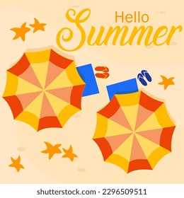 Hello summer, summer illustration with beach umbrellas and beach slippers on the sand, smiling starfish, inscription hello summer, top view of the beach