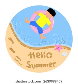 hello summer illustration with beach view and boy floating on swim rings. summer vacation. summer beach vacation