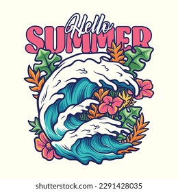 Hello summer illustration with big wave and tropical for background