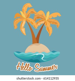 hello summer illustration with coconut tree on small island
