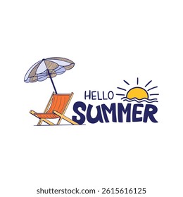 Hello Summer Illustration. Colorful hand-drawn summer illustration featuring a beach chair, sun umbrella, and stylized sun with waves. Perfect for travel designs, greeting cards.