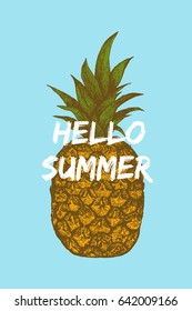 Hello summer illustration with decorative hand drawn pineapple sketch by ink and pen. Summer party invitation. Fruit background.