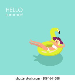 Hello summer illustration. Girl with blond hair and purple hat wearing white swimsuit swimming on the inflatable yellow  flamingo.