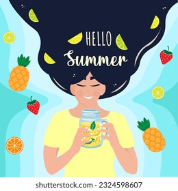 Hello summer. Illustration of a girl with a cocktail. Vector illustration.