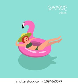 Hello summer illustration. Girl with red hair and yellow straw hat wearing green swimsuit swimming on the inflatable pink flamingo