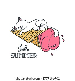 Hello summer. Illustration of a happy white cat sleeping on a flying waffle cone with pink ice cream. Vector 8 EPS.