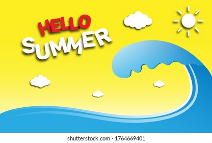 hello summer illustration, summer holiday vector illustration background with big wave, cloud and sun on yellow background